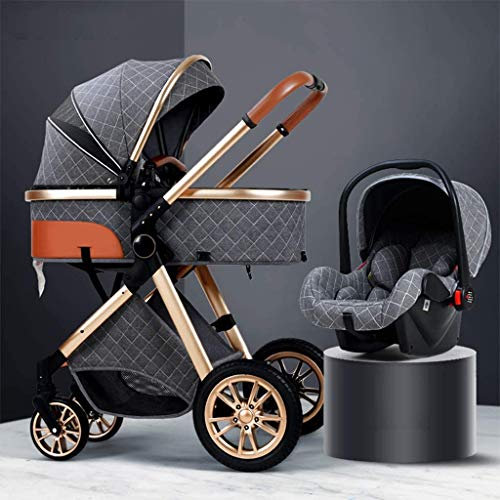 UIGJIOG 3 in 1 Kinderwagen Kutsche, Grau: Luxus Kinderwagen mit Anti-Shock Federn, Maxi-Canopy, Easy One-Hand Falten, 0-3 Jahre, 70 kg Tragfähigkeit