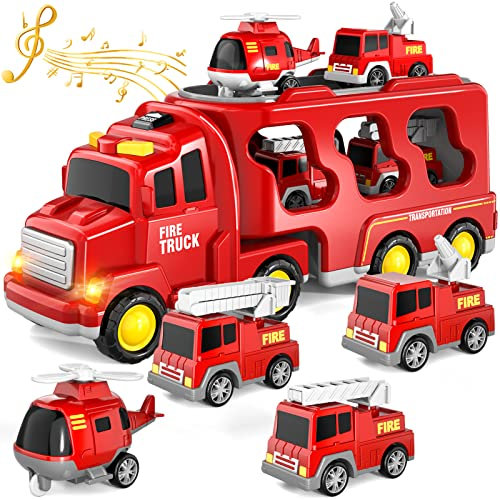 Bennol Toddler Trucks Toys for Boys Age 3-5, 5 in 1 Fire Car Truck Bus for Toddlers Boys Girls 3 4 5 6 Years Old, Toddler Boy Toys Christmas Birthday Gift Car Sets with Light Sound