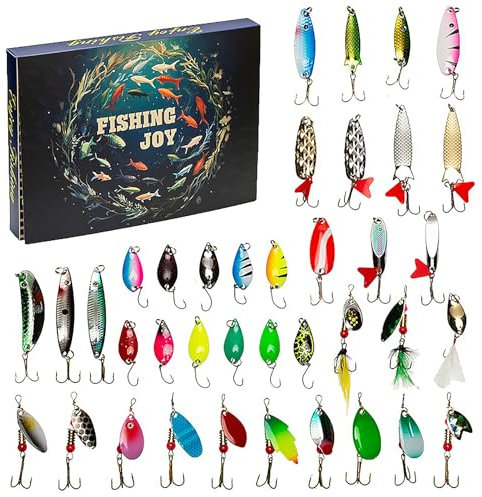 BLSYHDH Angel-Adventskalender 2025, 30-teiliges Weihnachts-Countdown-Fischzubehör-Set, Angelköder-Set für Fischer, Erwachsene, Teenager, Männer, Weihnachtsüberraschung,