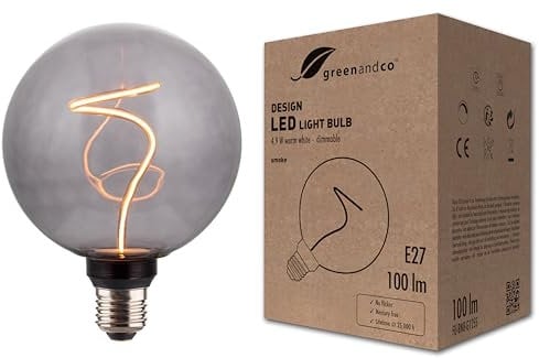 greenandco LED Vintage Glühbirne zur Stimmungsbeleuchtung | dimmbar | E27 G125 | 4,9W 100lm | smoke | 1800K extra warmweiß | 320° | 230V | flimmerfrei