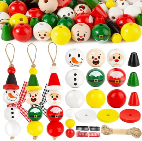 BOFUNX 90 Stücke Holzperlen Schneemann Weihnachtsmann Holzkugeln mit Loch Weihnachtsperlen mit 2M Kariert Stoffband 10M Juteschnur für Weihnachten Anhänger Basteln Weihnachtsdeko Homedeko
