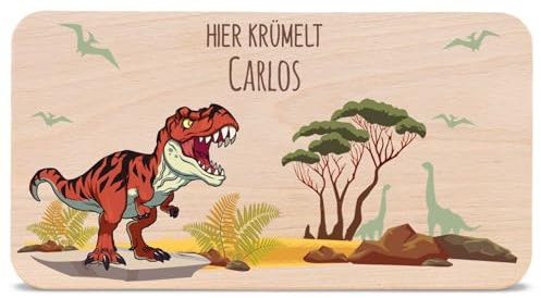GRAVURZEILE - Bedrucktes Frühstücksbrettchen aus Holz - T-Rex Design - Personalisiert mit Namen - Lebensmittelechter umweltfreundlich zertifizierter Druck (GreenGuard Gold) - Farbe: Rot
