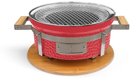 CREATE/BBQ KAMADO HIBACHI/Barbacoa ahumadora redonda rojo con grill y plancha/Compacta, versatil, puede ahumar, asar y cocinar, sistema de ventilación.