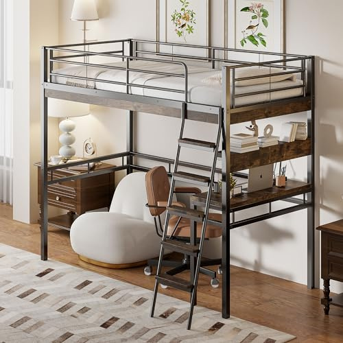 SOFTWEARY Hochbett mit Lattenrost, Schreibtisch, Regal und Rausfallschutz, 90x200 cm, Kinderbett, Jugendbett, Metallbett