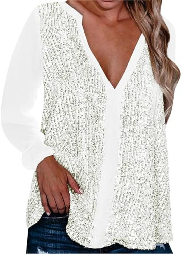 Festliche Blusen Damen, Langarmshirt Damen V Ausschnitt Elegant Sexy Silvester Outfit Pailletten Oberteil Modern Casual mit Glitzer Shirt Herbst Winter Große Größen Langarm Tunika Blusen