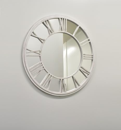 DEENZ White Brushed Grey Round Roman Numeral Clock Style Frame Indoor/Outdoor Wall Mirror 80Cm Garden Art Decor Window Style