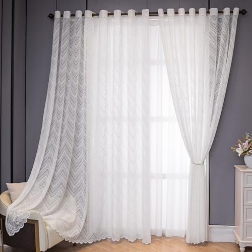 Epinki Vorhang Schlaufen Ösenvorhang 2 Stück, Gardinen Voile Gewellte Streifen Muster Transparente Schlaufen Gardinen aus Polyester Dekoschal Fensterschal für Schlafzimmer Weiß H229 x B107 cm