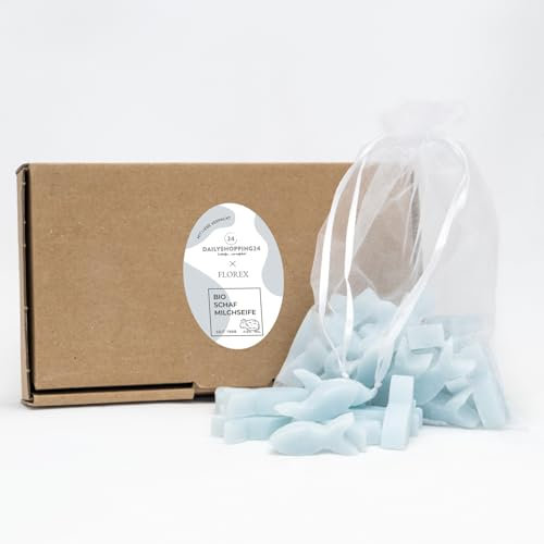 Florex Schafmilchseife in Fisch-Form – 50 Stück Mini-Gästeseifen – Handgemachte Naturseife – Taufe, Kommunion, Konfirmation, Gastgeschenk – In Geschenkbox (Vergissmeinnich - Hellblau)