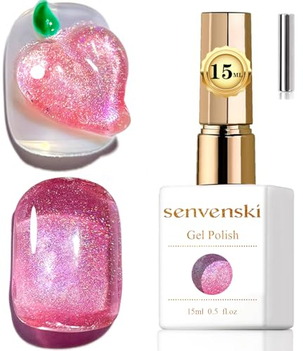 Senvenski Rainbow Jelly Glass Cat Eye Gel Nail Polish with Magnet 15ML Magnetic 3D Galaxy Holographic Glitter Translucent Sheer Color Gel Polish Salon Home DIY (MY1-024)