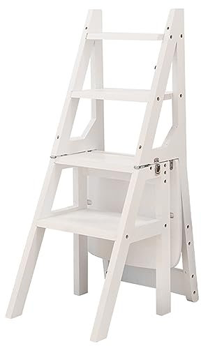 DONGGANSHI Wooden Folding Library Ladder Chair, 4-Step Library Ladder,Convertible Folding Chair Step Stool Display Stand For Adults Office Home Kitchen Outdoor (Color : White)