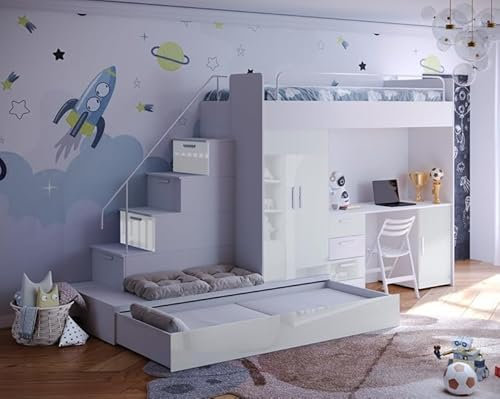 Hochbett mit Schreibtisch TOMI 5, Schrank, Treppe und Gästebett in Hochglanz (Weiß + Weiß, Glanz, Ohne Matraze und Matrazenrahmen)