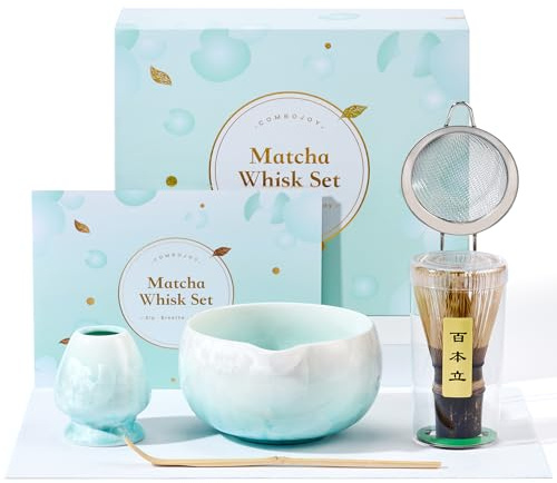 ComboJoy Matcha Set Blau – 6-teiliges Crystal Flower Matcha Set Mit Schale, Besen Mit Halter, Löffel, Sieb & Teetuch – Geschenke Für Frauen