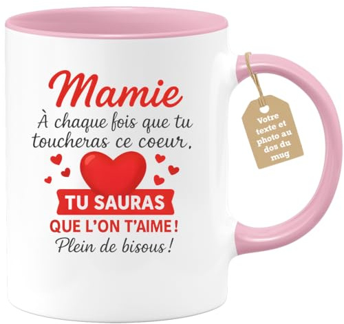 quotedazur Café-Croissant - Mug Mamie Personnalisé Fête Des Grand-Mères - Future Mamie Chaque Fois Que Tu Touches Ce Coeur Sache Que Je T'Aime Plein De Bisous - Rose/Céramique