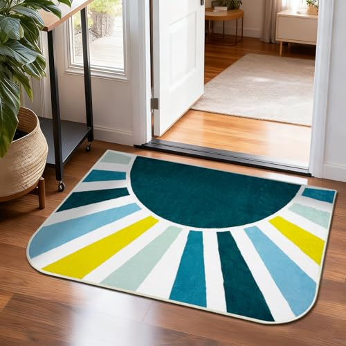 BLESWIN Tappetino da Bagno 51 x 76 CM, Tappetino Antiscivolo Piccolo per Ingresso e Cucina, Tappeto da Bagno Lavabile in Lavatrice, Tappeto Moderno a Pelo Corto Sole Arcobaleno per Moquette, Blu Verde