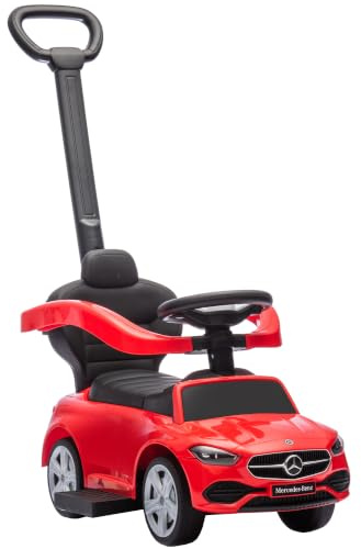 AIYAPLAY Lizenzierte Mercedes-Benz Kindertrage, 2-in-1 Schiebeauto-Babytrage mit abnehmbarem Griff, Geländer, Stauraum, Hupe und Lenkrad, für Kinder von 18 bis 36 Monaten, rot