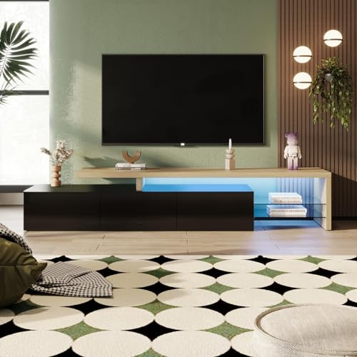 JYCRA TV-Schrank Lowboard 200 cm mit L-E-D,Hochglanz Schwarz und Natur Holzmaserung,Modernes TV-Board,Fernsehtisch,mit 2 Glasböden und 3 Türen,Tv Cabinet für Wohnzimmer 200 L x 39 B x 42 H