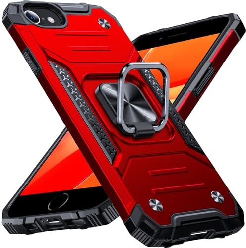 Anqrp Heavy Duty Case for iPhone 6/7/8/SE/SE2 Case with Enhanced Ring Holder Grip Stand, Military Grade Shockproof Rugged Drop Protective Silicone Hard iPhone SE Phone Case Cover, Red