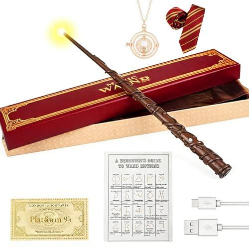 Hermine Zauberstab, 37CM Wiederaufladbar Magic Wand, Zauberstab Hermine Granger mit USB Aufladung, Zauberstabs Stab in Geschenkbox mit Zauberspruch Karte, Stationsticket, Halskette Kravatte