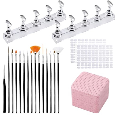 2 Stück Nail Stand, Magnetische Acryl Nagelständer, mit 15 Pcs Nagel Pinsel, 200 Doppelseitige Klebestreifen und 50 Nagelreinigungspads, DIY-Nagelkunst-Set, Geeignet für Anfänger