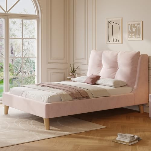 DACHETOU Polsterbett 90 x 200cm, Einzelbett Kinderbett, Samt, Rosa, mit Lattenrost und Kopfteil, Bettbeine aus Massivholz, gepolstertes Kopfteil, ohne Matratze