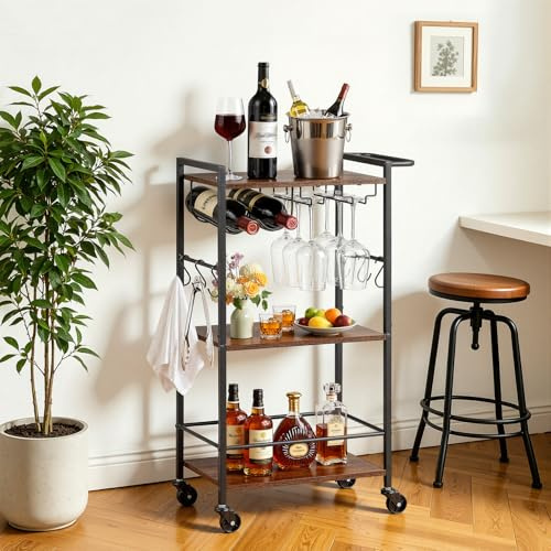 VEVOR Desserte Bar Cuisine, Chariot de Service Polyvalent à 3 Niveaux 51x28x84 cm, pour Rangement Vins Ustensiles Boissons, Bar Roulant avec Plateau en Bois, Range-Bouteilles et Porte-Verres