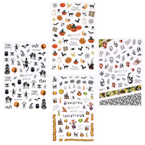 Nagelsticker und Totenkopf Motiven 4 Blätter Halloween mit Kürbis