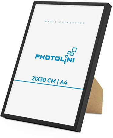 PHOTOLINI Alu-Bilderrahmen A4 21x30 cm Schwarz schmal, Metall-Rahmen aus Aluminium, bruchsicheres Acrylglas, zum Aufhängen & Aufstellen, extra Zubehör, modernes Design für Poster & Fotos