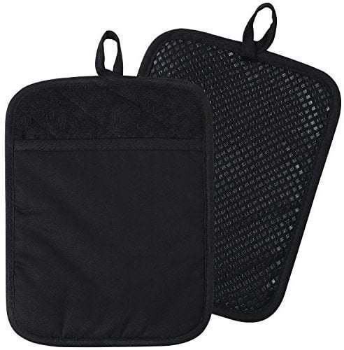100% Cotton With Silicone Kitchen Everyday Basic Pot holder Heat Resistant Coaster Potholder Oven Mitts With Pocket for Cooking and Baking Set of 2 Black