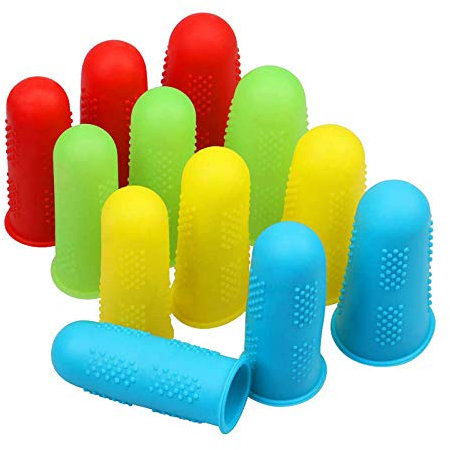 12 Pieces Silicone Hot Glue Gun Finger Caps, 4 Colors Finger Guard Protectors or Hot Glue Wax Rosin Resin Honey Adhesives Scrapbooking Sewing in 3 Sizes-Red/Blue/Yellow/Green