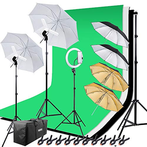 HAKUTATZ® Profi Fotostudio Set Hintergrundsystem mit 10 Zoll Ringlight Studiosets (HK-6)