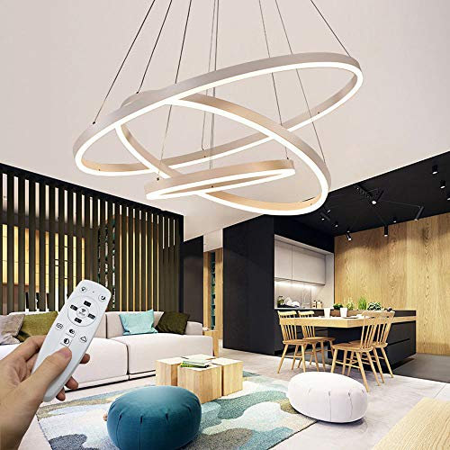 STARRYOL Moderne LED-Pendelleuchte, 3-Ringe-Kollektion, weiße Farbe, verstellbare Hängeleuchte, Kronleuchter, zeitgenössische Deckenleuchte, dimmbar 2700 K – 6500 K, mit Fernbedienung – 78 W
