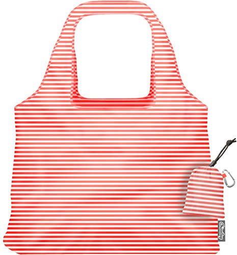 ChicoBag Vita Reusable Tote Bag with Carabiner Clip | Compact Reusable Shopping Bags | Eco Friendly, Coral Stripe
