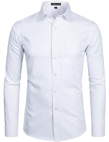 PARKLEES Camicia da uomo a maniche lunghe tinta unita slim fit casual business formale abbottonatura camicie con tasca, bianco, M