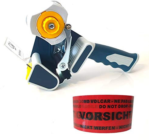 Packbandabroller mit 1 Rolle Vorsicht Glas Packband - mit Sicherheitsvorrichtung, Bremse, bis max. 50 mm Breite mit 2 und 3-Zoll-Kern - geräuscharm - Klebeband Abroller in Profi-Qualität
