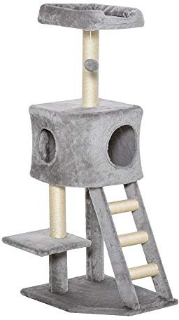 PawHut Kratzbaum 120 cm Katzenturm mit Höhle, Spielball, Sisalstämme, Plattform, Treppe, mehrstöckiger Katzenkratzbaum, Kletterbaum für Katzen, Hellgrau