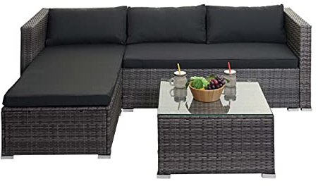 Mendler Garnitur HWC-F57 - grau, Kissen dunkelgrau ohne Deko-Kissen | Balkon-/Garten-/Lounge-Set, Sofa, Sitzgruppe, Poly-Rattan