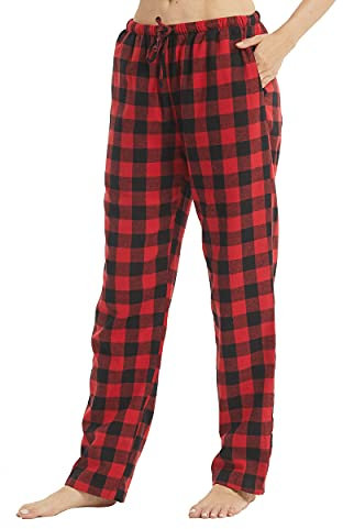 YUSHOW Lot de 1 Bas de Pyjama Femme en Flanelle à Carreaux Coton Ultra Doux Pantalon Pyjama Flanelle avec Poches,rouges à carreaux noirs,L