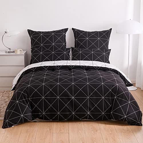Bettwäsche Karo 200X220 cm Weiß Schwarz Bettbezug Set Kariert Landhaus Bettdeckenbezug Doppelbett Set King Size Karierte Wendebettwäsche Geometrisch Weich Karomuster Bettgarnitur mit Reißverschluss