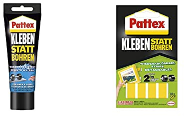 Pattex Montagekleber Kleben statt Bohren Wasserresistent, Kraftkleber für innen & außen, 1 x 340g & Pattex Kleben statt Bohren Klebe-Strips, starkes doppelseitiges Klebeband, 10 Streifen je 20 x 40mm