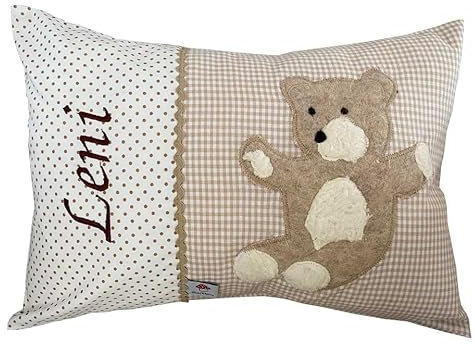Glückspilz Namenskissen personalisiert, Babykissen mit Namen Bestickt, Teddybär, Beige, 25 x 35 cm
