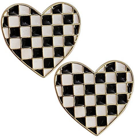 Lot de 2 broches tendance en forme de cœur à damier - Noir et blanc - Pour costume - Pour femme