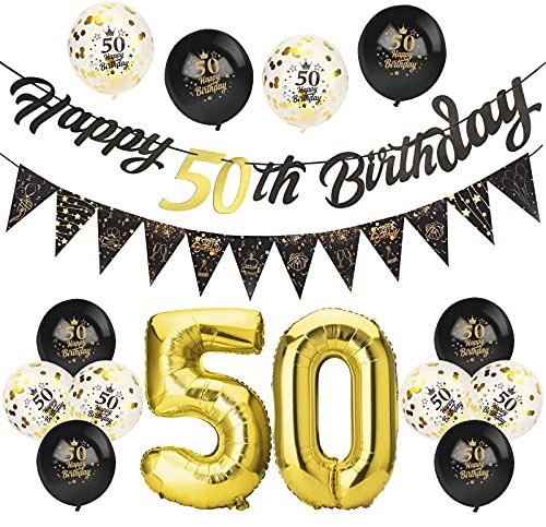 Afirbeone 50th Birthday Decorations Set, Including Black Gold Happy Birthday Banner, Triangle Flag Banner, Confetti Latex Balloons and Aluminum Foil Balloons for Party Decoration