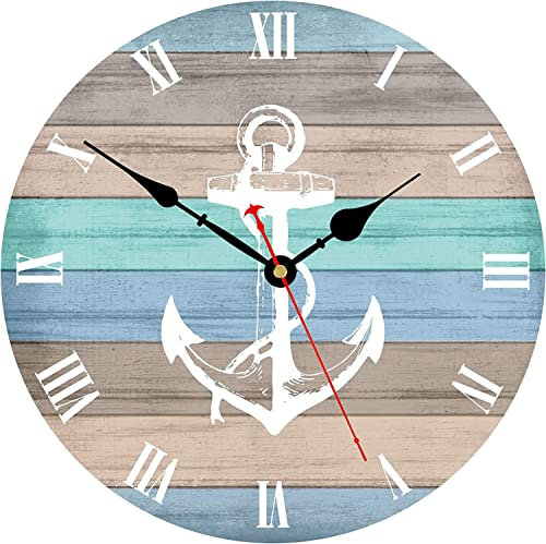 Toudorp 12 Zoll Wanduhr Leise Batteriebetrieben Kunst Dekorativ Retro Wanduhr Leicht zu Lesen Römische Zahlen Nautischer Streifen Anker Muster Wanduhr