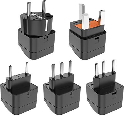 Reisestecker-Set, 5 Stück Internationaler Steckdosenadapter für 150+ Länder inkl. UK/EU/Südafrika/Schweiz | Steckdosenadapter mit Erdungsschutz 110-250V | Schwarz