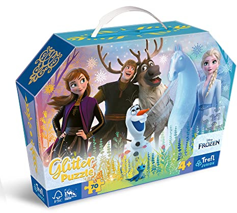 Trefl Junior - Frozen, Magische Freundschaft - Puzzle Glitter 70 Elemente, Bequemer Kofferraum mit Griff, Bunte Puzzles mit Eiszeit-Märchenfiguren, Spaß für Kinder ab 4 Jahren