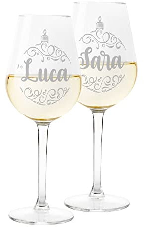 Colorfamily Coppia Calici Personalizzati Set da 2 calici Vino Personalizzati con nome pallina Natale Bicchiere in Vetro 500 ml