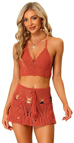 Allegra K Damen 2 Stück Bikini Set Hollow Out Cami Top Mini Rock Sommer Strand Häkeln Stricksets, rot, Medium