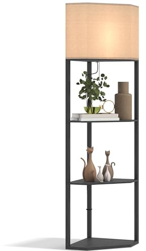 HOMCOM Corner Floor Lamp with Shelves, Modern Tall Standing Lamps for Living Room, Bedroom, with Chain Switch Bulb not Included, Black