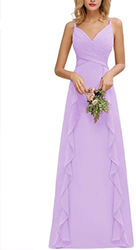 Vestido de dama de honor para boda, sin mangas, hombros descubiertos, elegante, tirantes delgados, corpiño fruncido, línea A, volantes, vestidos de dama de honor para mujer, Lila, 40
