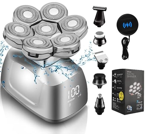Rasoi elettrici da uomo, 6 in 1, impermeabili, con display a LED, con base di ricarica wireless, rasoi rotanti con base di ricarica wireless